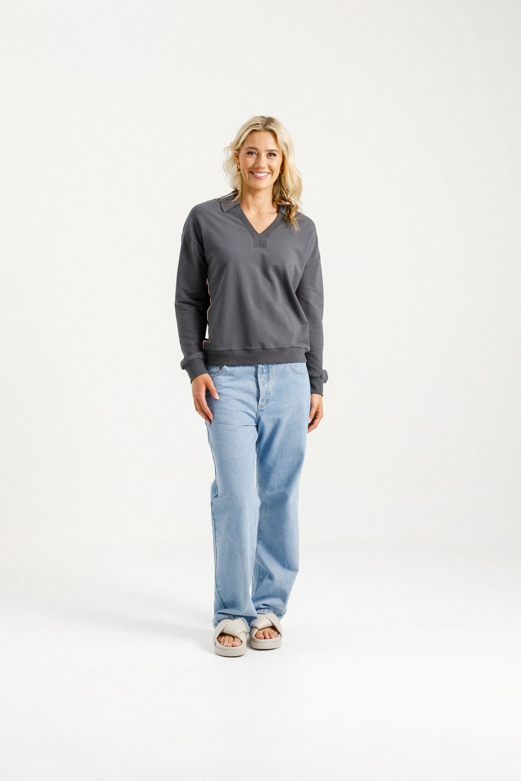 HOME LEE_CAMILLA COLLAR CREW GRAPHITE WITH BLOSSOM VELVET RIBBON _ CAMILLA COLLAR CREW GRAPHITE WITH BLOSSOM VELVET RIBBON _ Ebony Boutique NZ