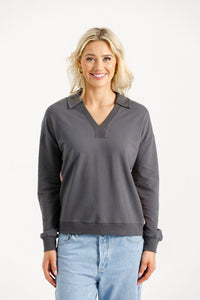 HOME LEE_CAMILLA COLLAR CREW GRAPHITE WITH BLOSSOM VELVET RIBBON _ CAMILLA COLLAR CREW GRAPHITE WITH BLOSSOM VELVET RIBBON _ Ebony Boutique NZ