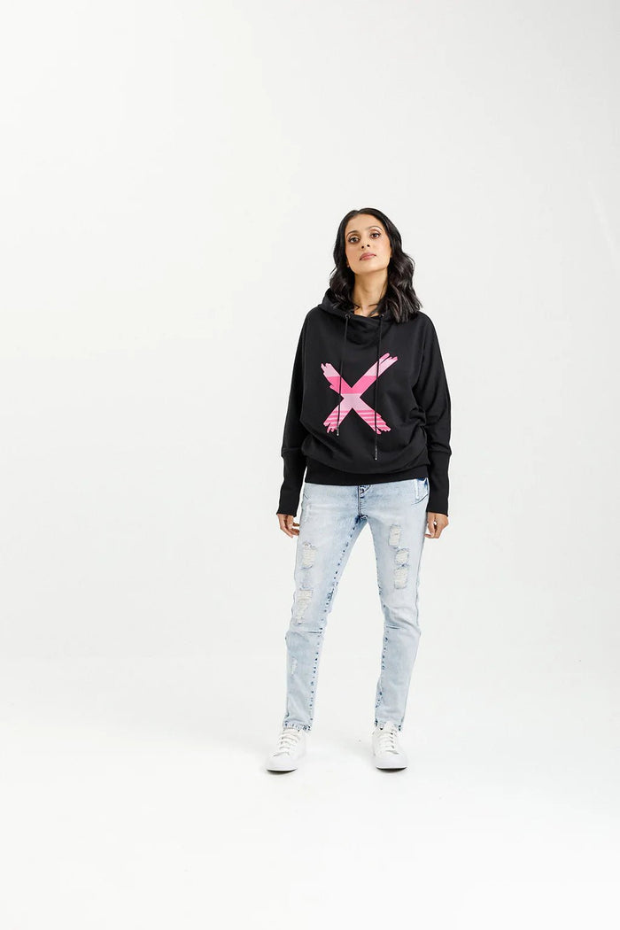 HOME LEE_ELLEN HOODIE BLACK IRREGULAR PINK STRIPE _ ELLEN HOODIE BLACK IRREGULAR PINK STRIPE _ Ebony Boutique NZ