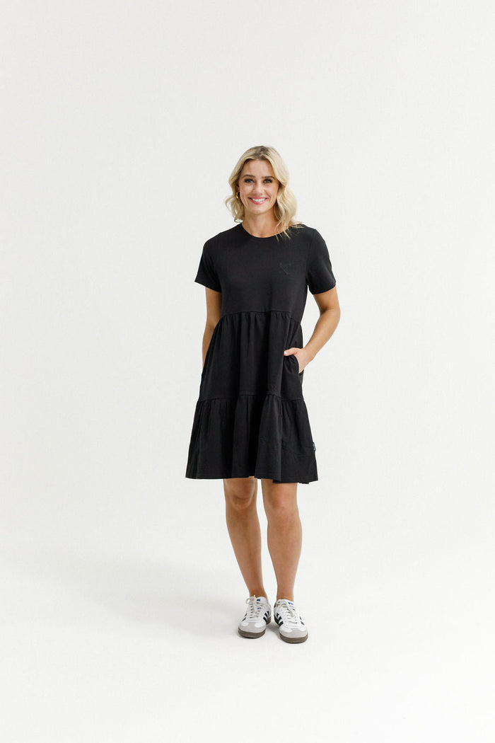 HOME - LEE_KYLIE DRESS BLACK WITH X OUTLINE EMBROIDERY _ KYLIE DRESS BLACK WITH X OUTLINE EMBROIDERY _ Ebony Boutique NZ