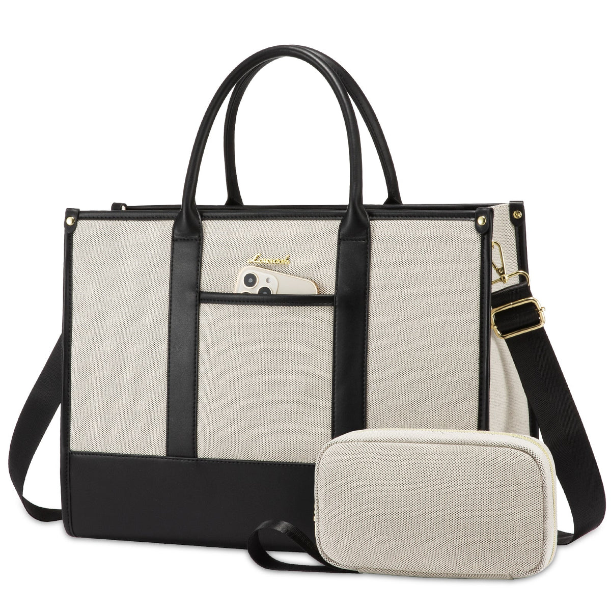 LOVEVOOK_VANESSA LAPTOP BAG TWO TONE LINEN/BLACK _ VANESSA LAPTOP BAG TWO TONE LINEN/BLACK _ Ebony Boutique NZ