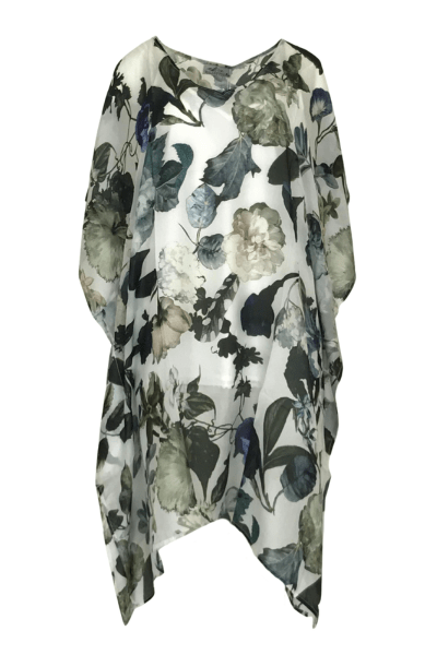 MALENY FOX_SILK KAFTAN WHITE/BLUE/GREY FLORAL _ SILK KAFTAN WHITE/BLUE/GREY FLORAL _ Ebony Boutique NZ