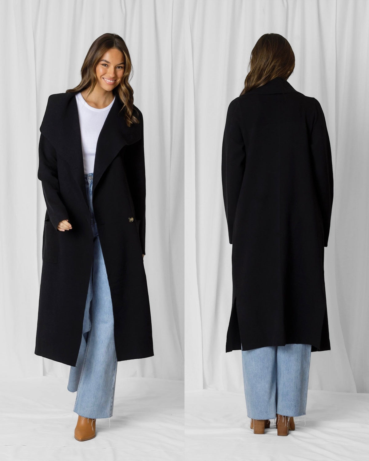 MINIMALIST COLLECTIVE_ADELE WIDE COLLAR POCKETED LONG COATIGAN _ ADELE WIDE COLLAR POCKETED LONG COATIGAN _ Ebony Boutique NZ