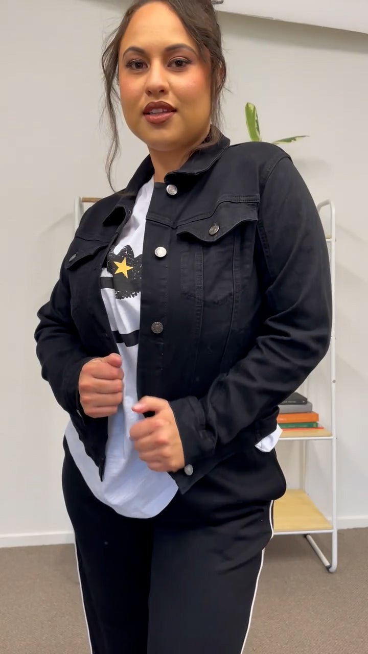 THREADZ_COLLARED DENIM JACKET BLACK _ COLLARED DENIM JACKET BLACK _ Ebony Boutique NZ