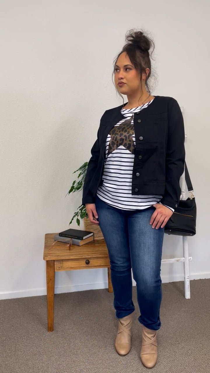 THREADZ_COLLARLESS DENIM JACKET BLACK _ COLLARLESS DENIM JACKET BLACK _ Ebony Boutique NZ