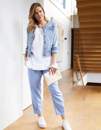 THREADZ_COLLARLESS DENIM JACKET DENIM _ COLLARLESS DENIM JACKET DENIM _ Ebony Boutique NZ