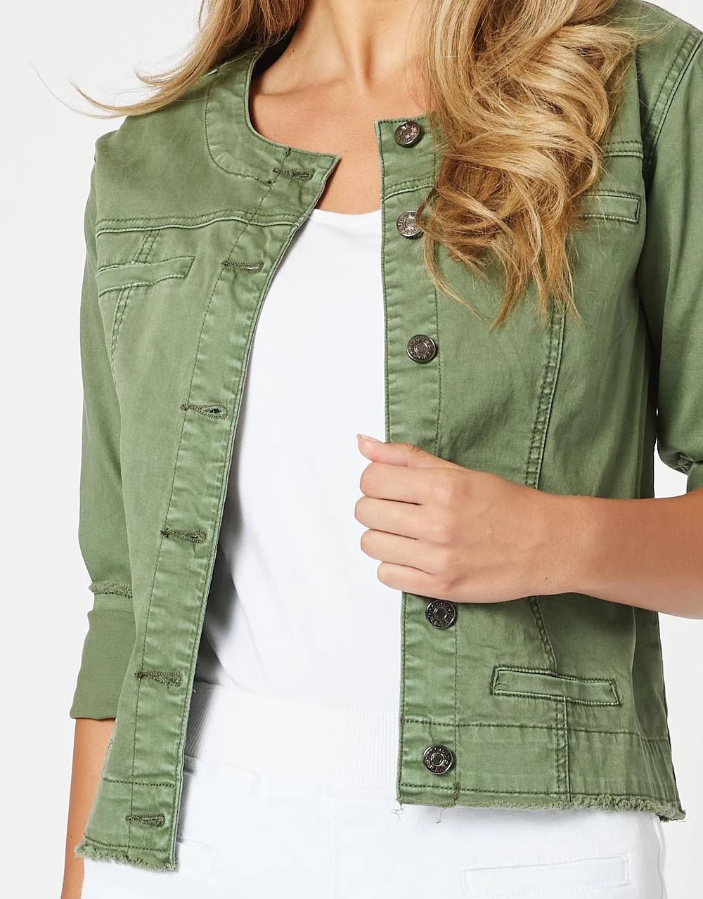 THREADZ_COLLARLESS DENIM JACKET KHAKI _ COLLARLESS DENIM JACKET KHAKI _ Ebony Boutique NZ