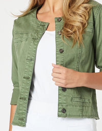 THREADZ_COLLARLESS DENIM JACKET KHAKI _ COLLARLESS DENIM JACKET KHAKI _ Ebony Boutique NZ