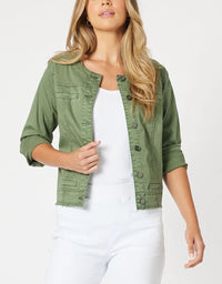 THREADZ_COLLARLESS DENIM JACKET KHAKI _ COLLARLESS DENIM JACKET KHAKI _ Ebony Boutique NZ