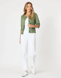THREADZ_COLLARLESS DENIM JACKET KHAKI _ COLLARLESS DENIM JACKET KHAKI _ Ebony Boutique NZ