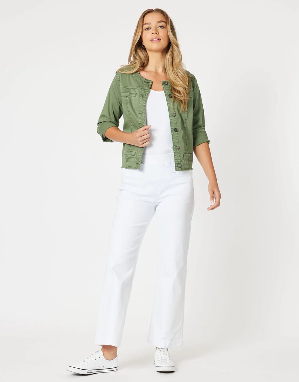 THREADZ_COLLARLESS DENIM JACKET KHAKI _ COLLARLESS DENIM JACKET KHAKI _ Ebony Boutique NZ