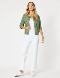 THREADZ_COLLARLESS DENIM JACKET KHAKI _ COLLARLESS DENIM JACKET KHAKI _ Ebony Boutique NZ