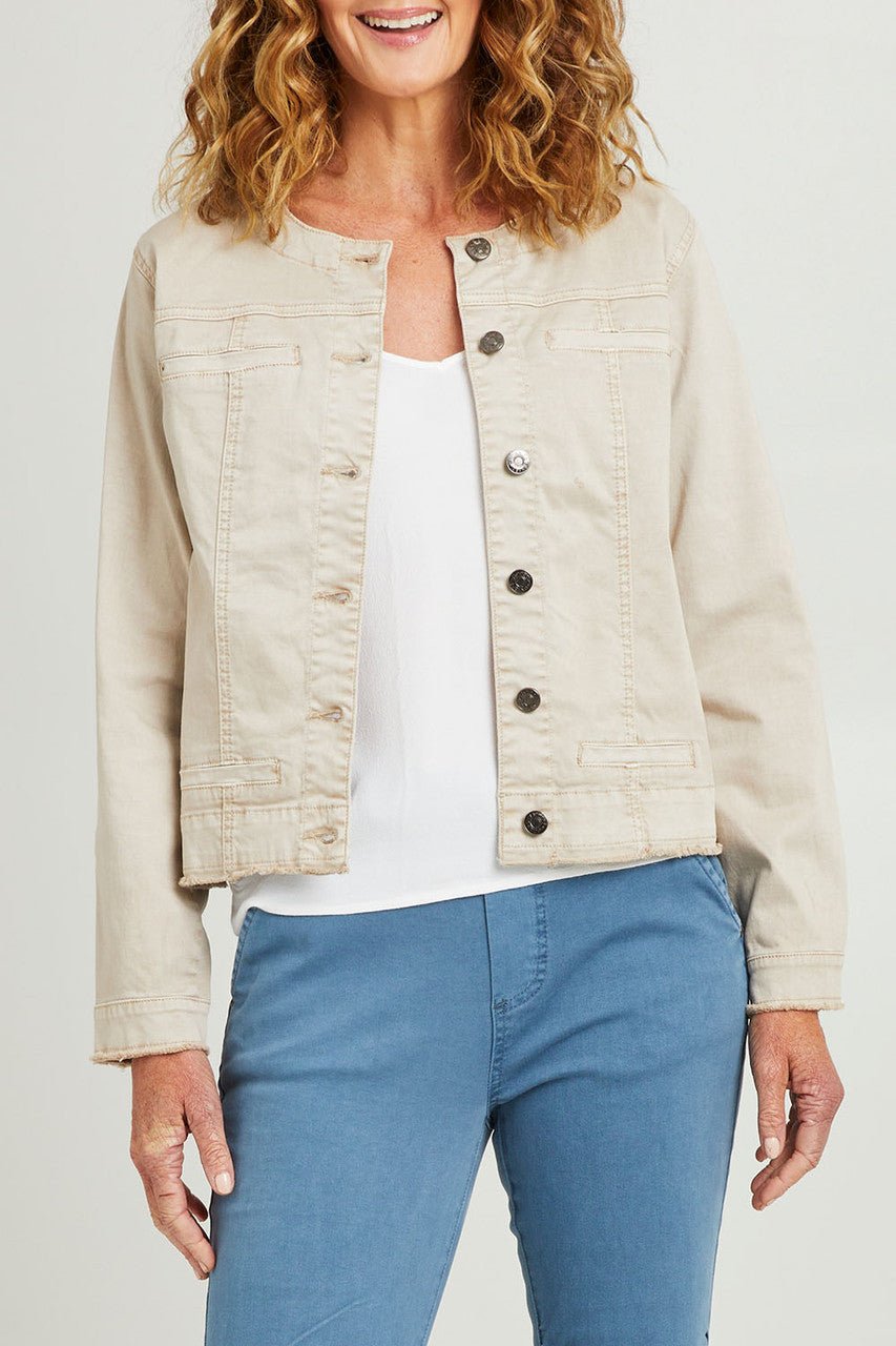 THREADZ_COLLARLESS DENIM JACKET NATURAL _ COLLARLESS DENIM JACKET NATURAL _ Ebony Boutique NZ
