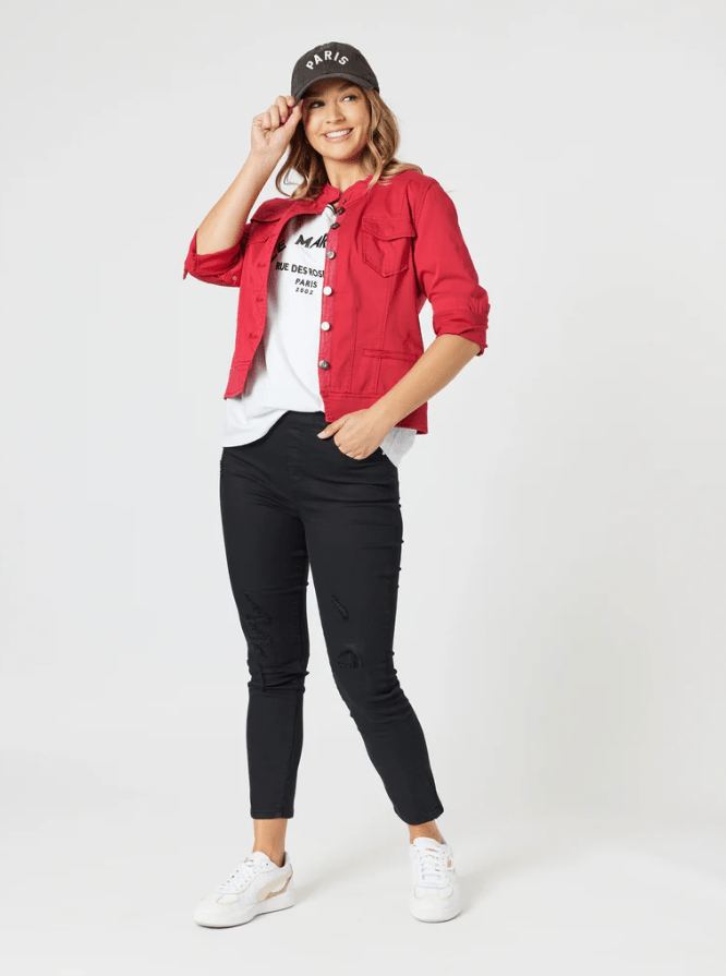 THREADZ_MAGGIE DENIM JACKET RED _ MAGGIE DENIM JACKET RED _ Ebony Boutique NZ