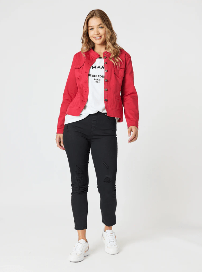 THREADZ_MAGGIE DENIM JACKET RED _ MAGGIE DENIM JACKET RED _ Ebony Boutique NZ