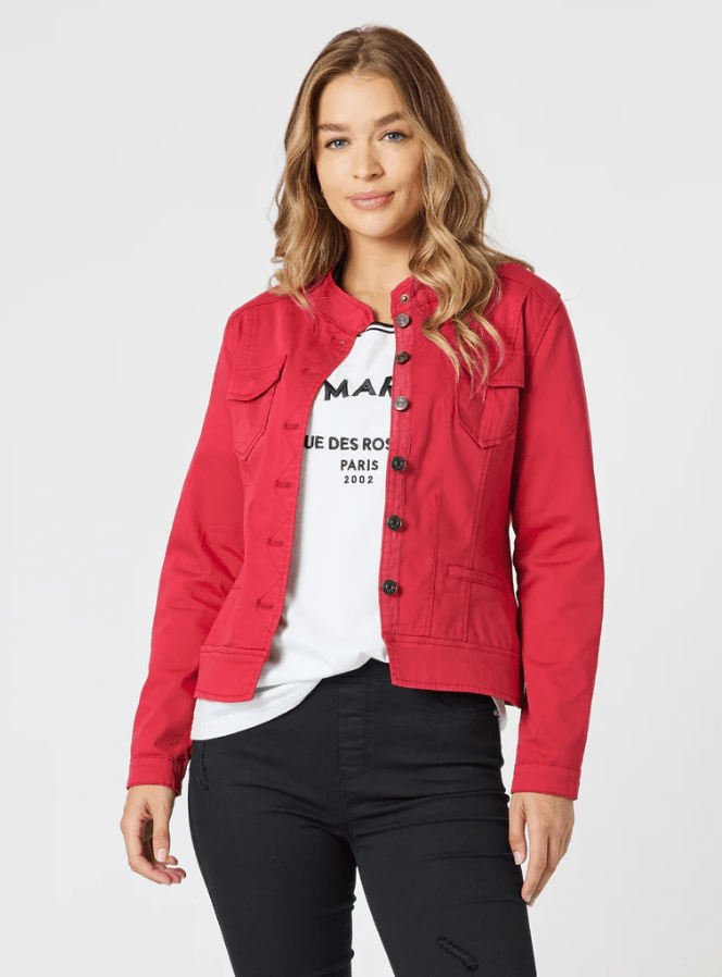 THREADZ_MAGGIE DENIM JACKET RED _ MAGGIE DENIM JACKET RED _ Ebony Boutique NZ