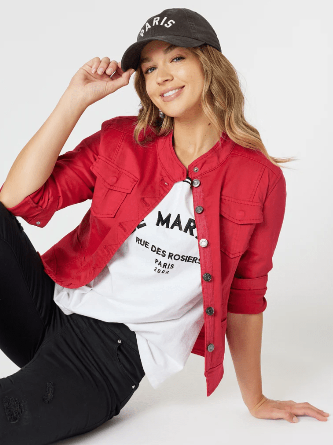 THREADZ_MAGGIE DENIM JACKET RED _ MAGGIE DENIM JACKET RED _ Ebony Boutique NZ