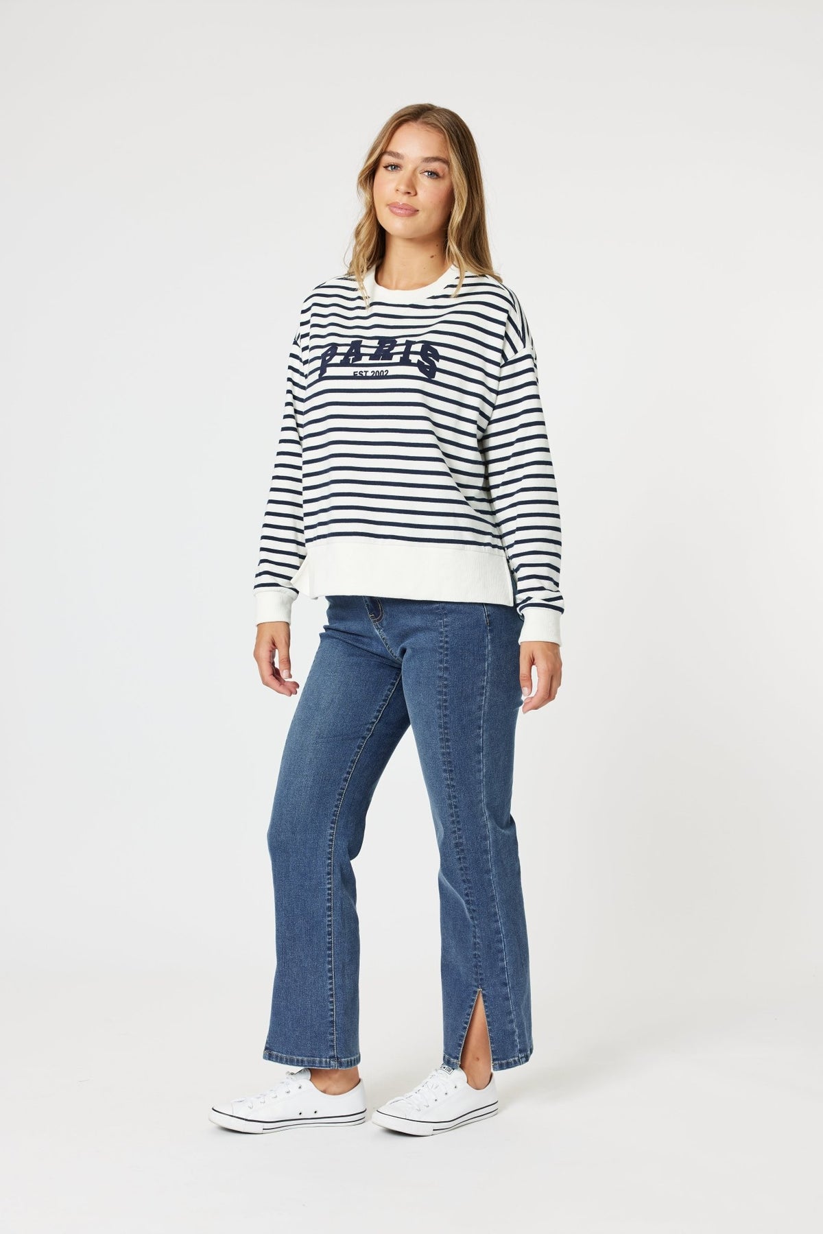 THREADZ_PARIS STRIPE SWEATSHIRT NAVY / WHITE _ PARIS STRIPE SWEATSHIRT NAVY / WHITE _ Ebony Boutique NZ