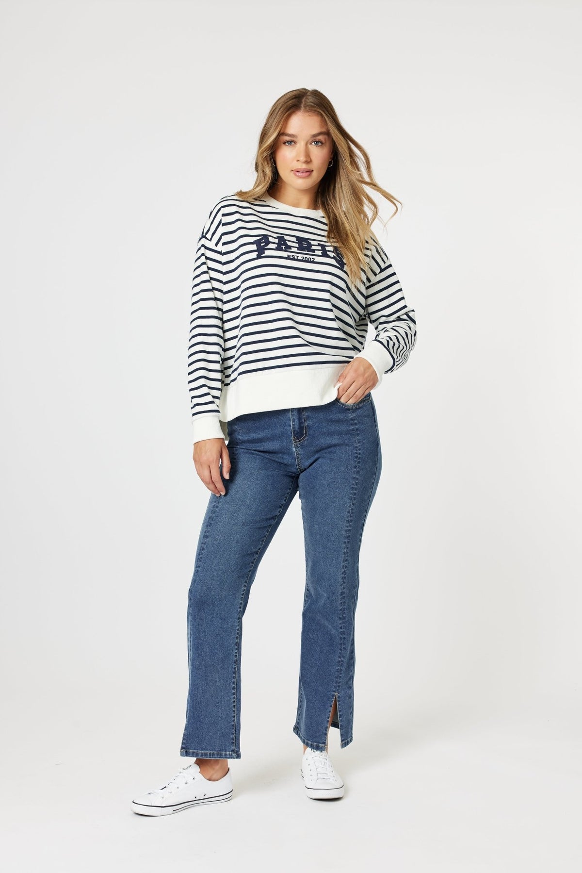 THREADZ_PARIS STRIPE SWEATSHIRT NAVY / WHITE _ PARIS STRIPE SWEATSHIRT NAVY / WHITE _ Ebony Boutique NZ