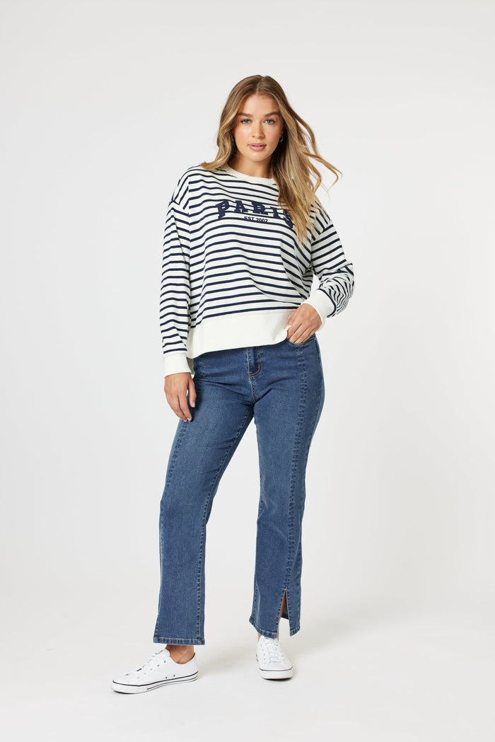 THREADZ_PARIS STRIPE SWEATSHIRT NAVY / WHITE _ PARIS STRIPE SWEATSHIRT NAVY / WHITE _ Ebony Boutique NZ