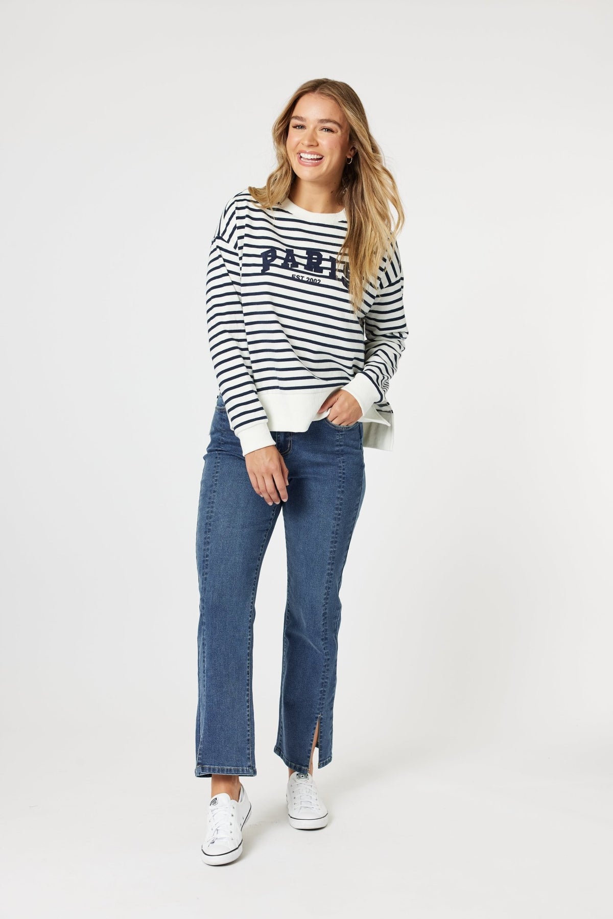 THREADZ_PARIS STRIPE SWEATSHIRT NAVY / WHITE _ PARIS STRIPE SWEATSHIRT NAVY / WHITE _ Ebony Boutique NZ