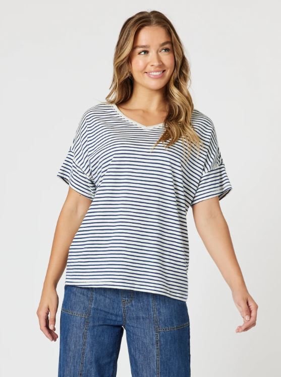 THREADZ_TYLA STRIPE TEE INDIGO/WHITE _ TYLA STRIPE TEE INDIGO/WHITE _ Ebony Boutique NZ