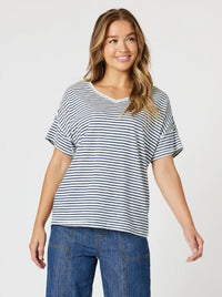THREADZ_TYLA STRIPE TEE INDIGO/WHITE _ TYLA STRIPE TEE INDIGO/WHITE _ Ebony Boutique NZ