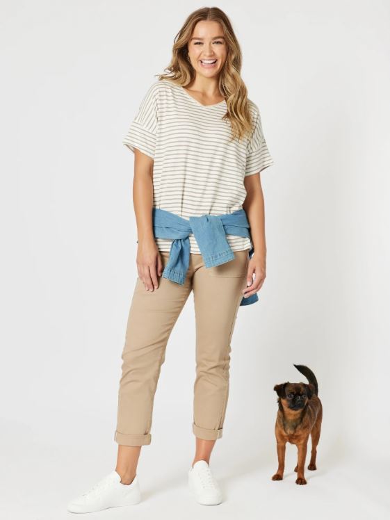 THREADZ_TYLA STRIPE TEE NATURAL/WHITE _ TYLA STRIPE TEE NATURAL/WHITE _ Ebony Boutique NZ