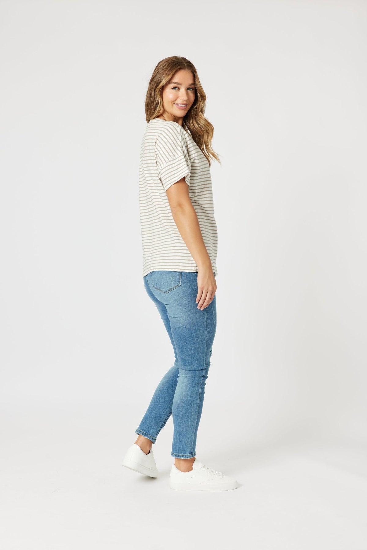 THREADZ_TYLA STRIPE TEE NATURAL/WHITE _ TYLA STRIPE TEE NATURAL/WHITE _ Ebony Boutique NZ