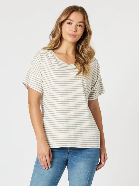 THREADZ_TYLA STRIPE TEE NATURAL/WHITE _ TYLA STRIPE TEE NATURAL/WHITE _ Ebony Boutique NZ