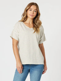 THREADZ_TYLA STRIPE TEE NATURAL/WHITE _ TYLA STRIPE TEE NATURAL/WHITE _ Ebony Boutique NZ