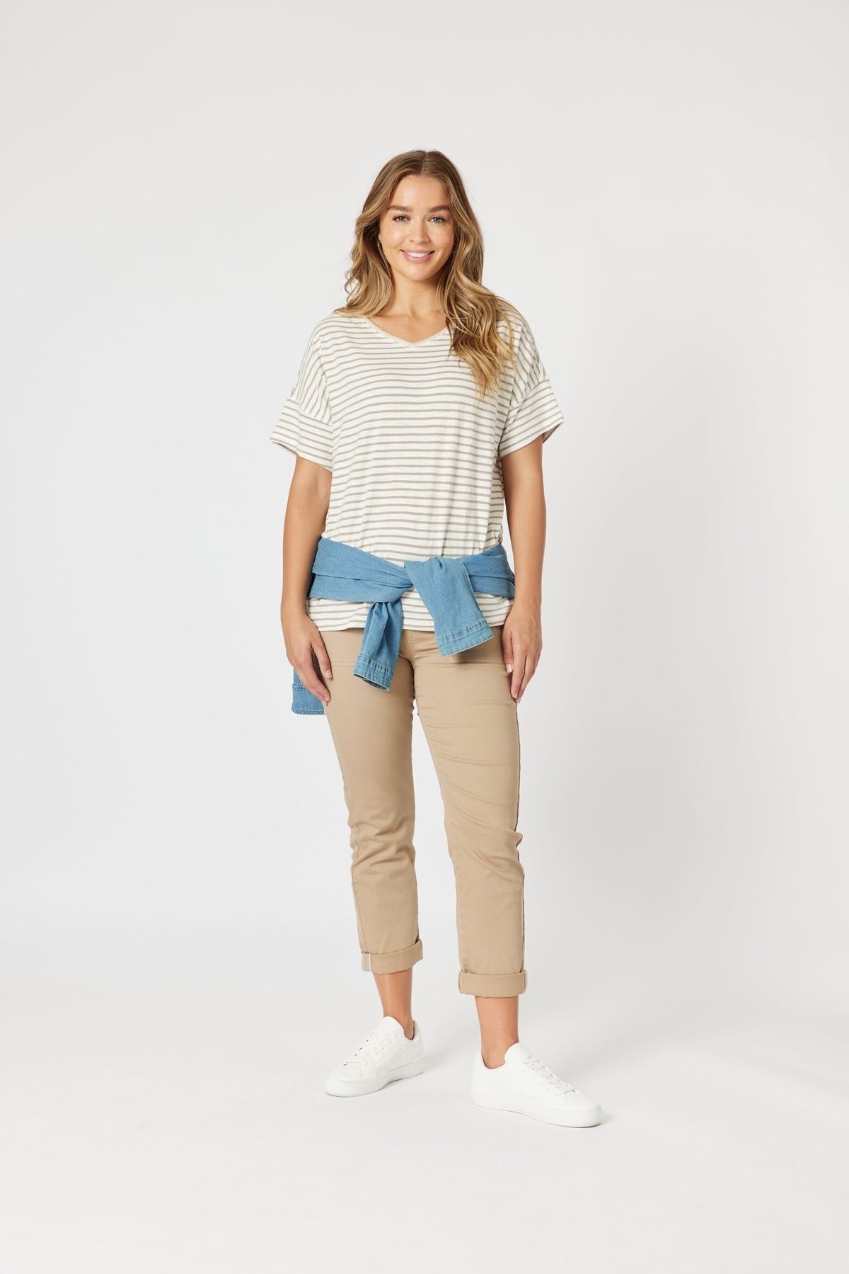 THREADZ_TYLA STRIPE TEE NATURAL/WHITE _ TYLA STRIPE TEE NATURAL/WHITE _ Ebony Boutique NZ