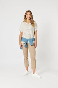 THREADZ_TYLA STRIPE TEE NATURAL/WHITE _ TYLA STRIPE TEE NATURAL/WHITE _ Ebony Boutique NZ