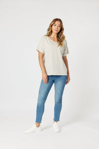 THREADZ_TYLA STRIPE TEE NATURAL/WHITE _ TYLA STRIPE TEE NATURAL/WHITE _ Ebony Boutique NZ