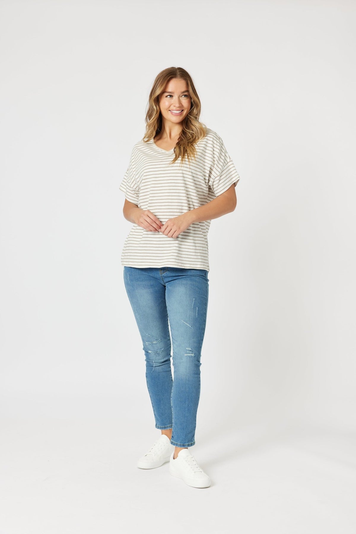 THREADZ_TYLA STRIPE TEE NATURAL/WHITE _ TYLA STRIPE TEE NATURAL/WHITE _ Ebony Boutique NZ