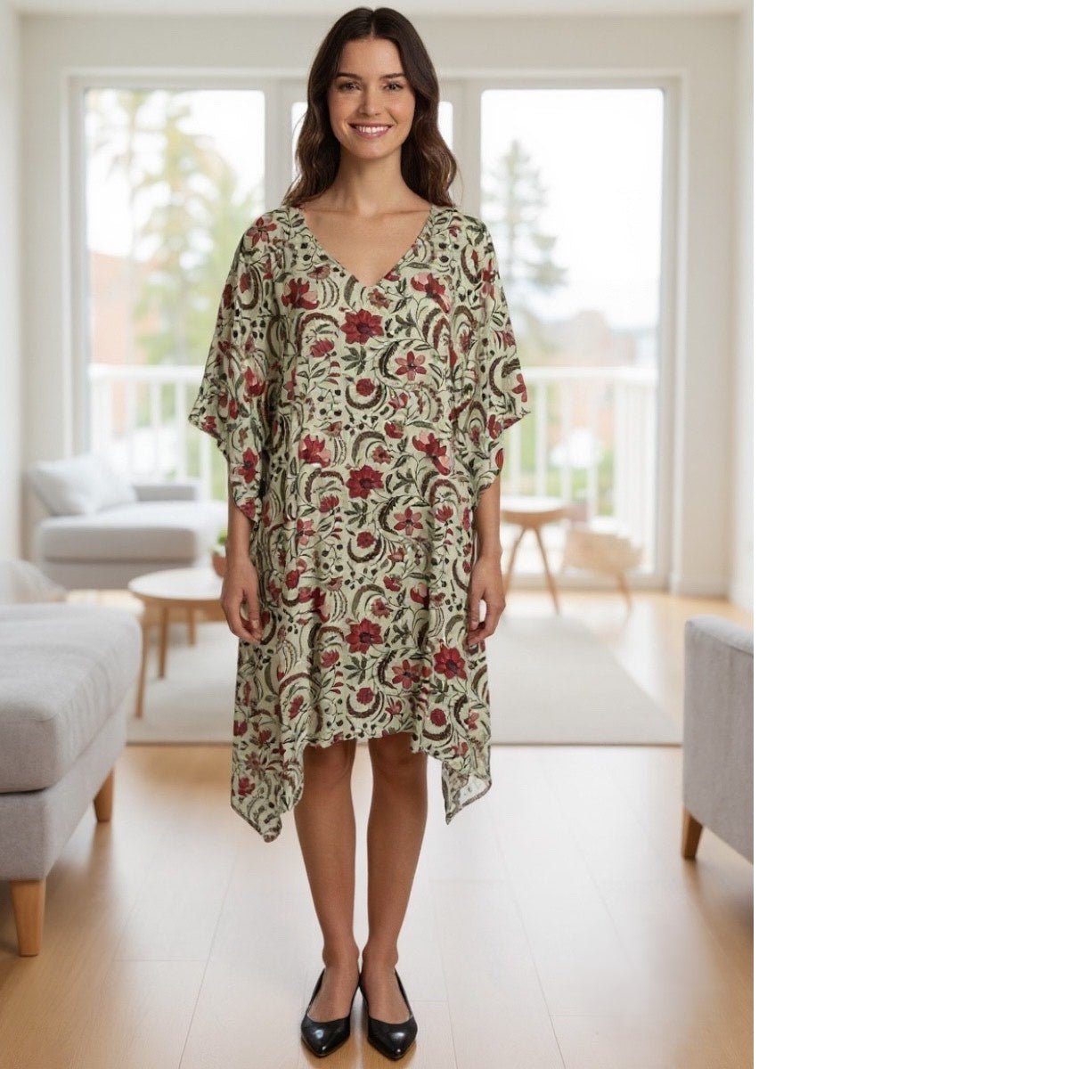 VINES AND SPRINGS_COTTON KAFTAN FERN/RED FLORAL _ COTTON KAFTAN FERN/RED FLORAL _ Ebony Boutique NZ