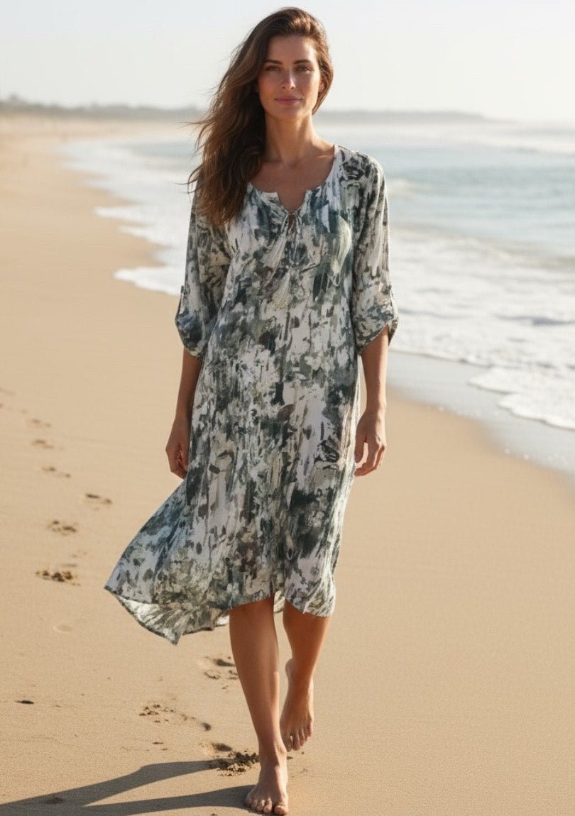 VINES AND SPRINGS_COTTON KAFTAN TAB SLEEVE TIE FRONT RAIN PRINT _ COTTON KAFTAN TAB SLEEVE TIE FRONT RAIN PRINT _ Ebony Boutique NZ