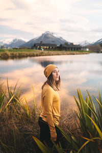 EBONY_100% MERINO BEANIE UNISEX CUFFED/SLOUCH GOLD _ _ Ebony Boutique NZ