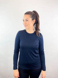 EBONY_WOMENS 100% MERINO (210) LONG SLEEVE SATIN CREW TOP FRENCH NAVY _ _ Ebony Boutique NZ