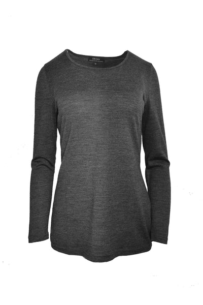 EBONY_WOMENS 100% MERINO (210) LONGLINE SCOOP LONG SLEEVE TOP CHARCOAL _ _ Ebony Boutique NZ