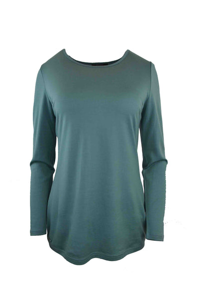 EBONY_WOMENS 100% MERINO (210) LONGLINE SCOOP LONG SLEEVE TOP STORM BLUE-GREEN _ _ Ebony Boutique NZ