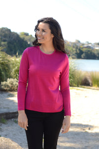 EBONY_WOMENS 100% MERINO (210) LONG SLEEVE SATIN CREW TOP RASPBERRY _ _ Ebony Boutique NZ