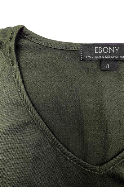 EBONY_WOMENS 100% MERINO (210) LONG SLEEVE V NECK TOP OLIVE _ _ Ebony Boutique NZ