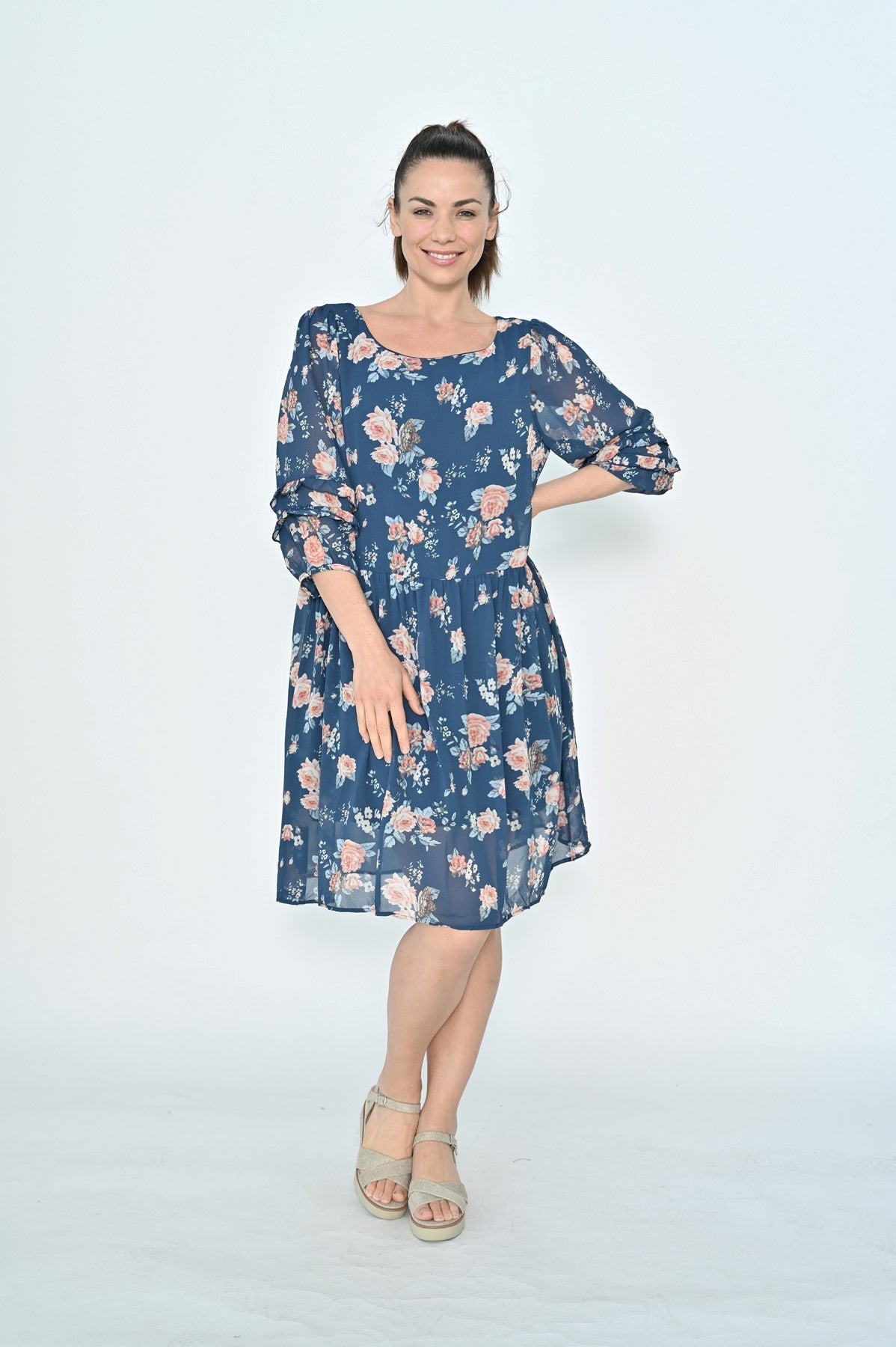 AE LUXE_FLORAL ROUND NECK CHIFFON MIDI DRESS WITH LINING _ FLORAL ROUND NECK CHIFFON MIDI DRESS WITH LINING _ Ebony Boutique NZ