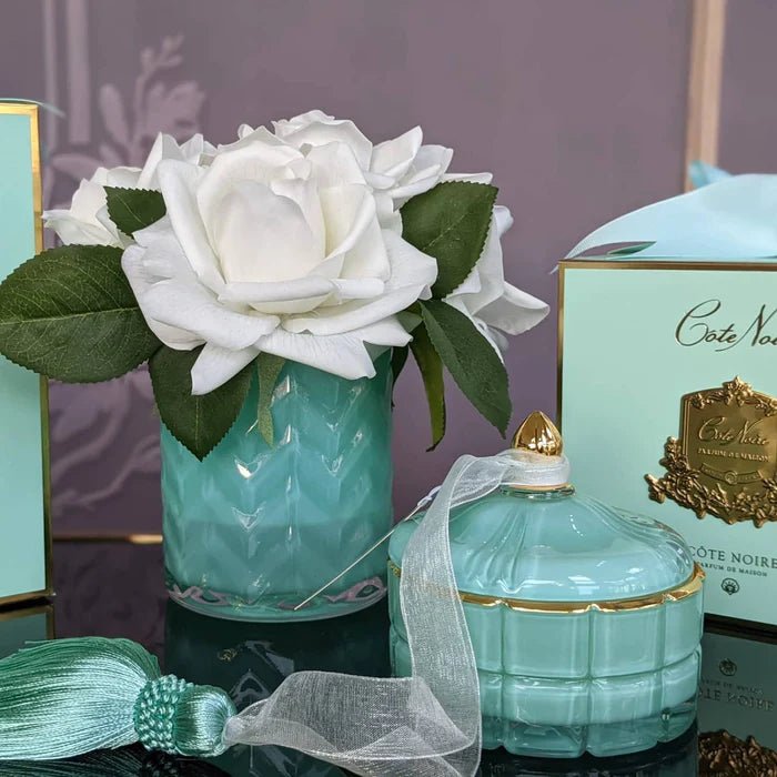 COTE NOIRE_ART DECO CANDLE SMALL WITH TASSEL PERSIAN LIME TIFFANY BLUE _ _ Ebony Boutique NZ