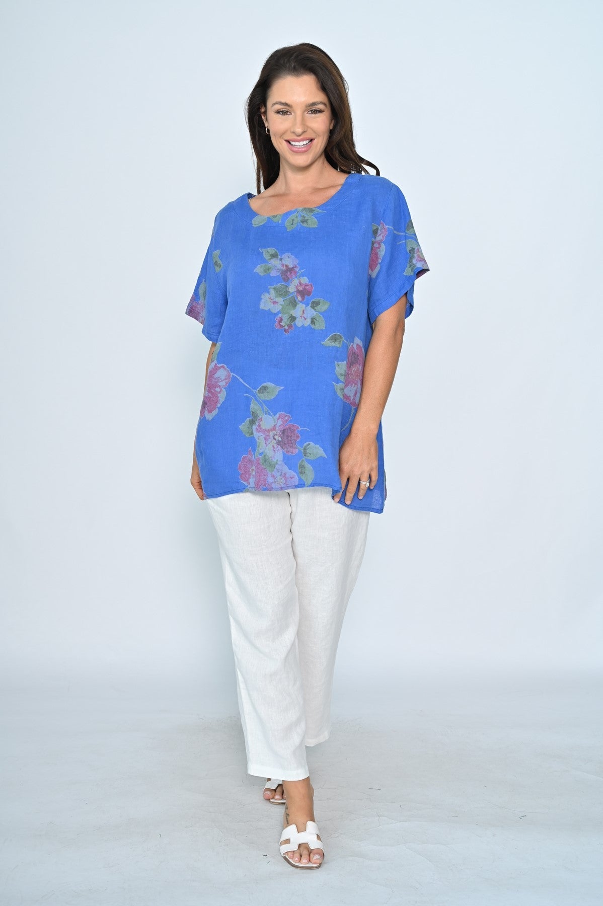 CALI & CO_LINEN TOP ROUND NECK BIG FLORAL PRINT COBALT _ LINEN TOP ROUND NECK BIG FLORAL PRINT COBALT _ Ebony Boutique NZ