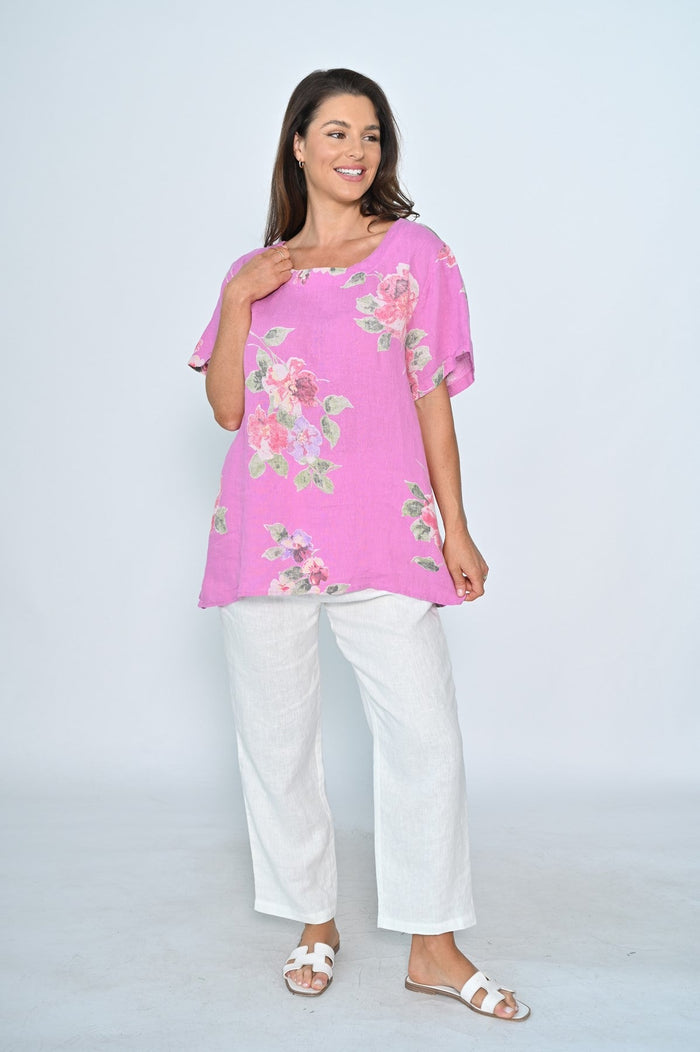 CALI & CO_LINEN TOP ROUND NECK BIG FLORAL PRINT HOT PINK _ LINEN TOP ROUND NECK BIG FLORAL PRINT HOT PINK _ Ebony Boutique NZ