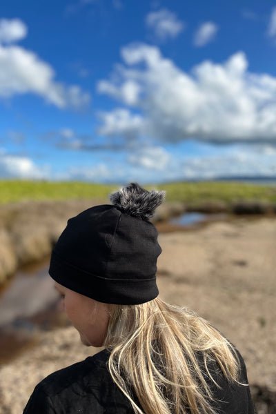 EBONY_POM POM DETACHABLE FOR 100% MERINO BEANIE BLACK & GREY _ _ Ebony Boutique NZ