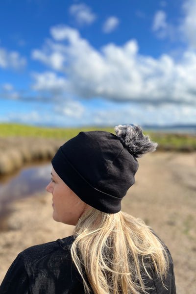 EBONY_POM POM DETACHABLE FOR 100% MERINO BEANIE BLACK & GREY _ _ Ebony Boutique NZ