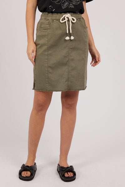 Foxwood Dixie Skirt NZ Khaki Denim Pull On Cute Style on the go Ebony Boutique NZ